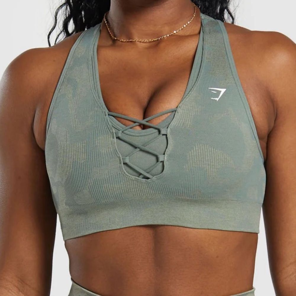 GYMSHARK Sports Bra Women Small Adapt Camo‎ Seamless Unit Green Chalk Green